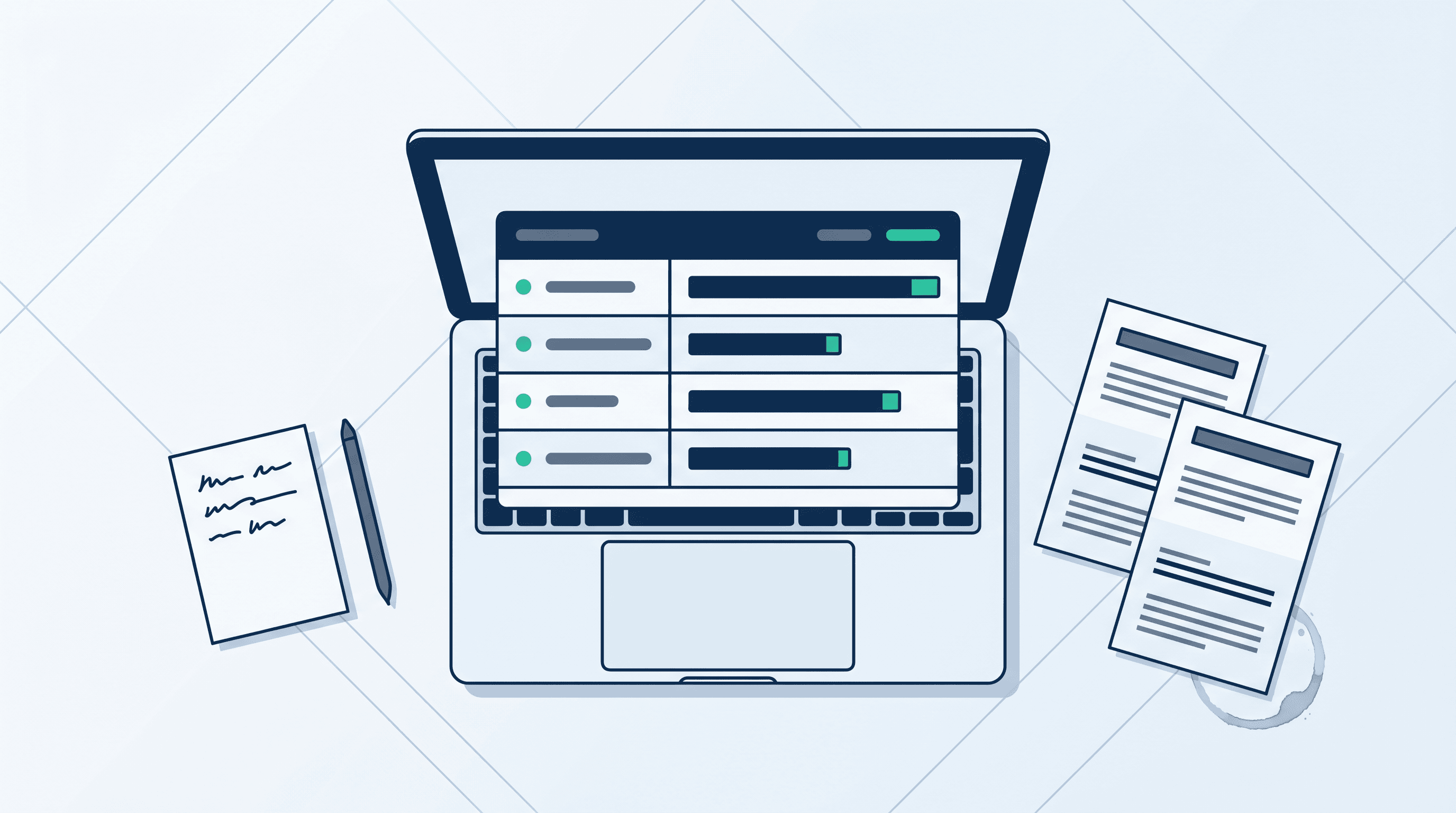 Editorial flat-lay illustration: a laptop showing a comparison table interface, surrounded by a notepad, pen, printouts, and coffee-cup ring.