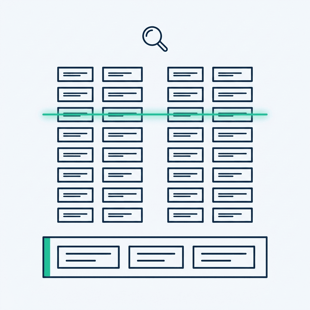 Editorial illustration: two columns of lender criteria cards being scanned by a horizontal teal line, with one row highlighted as best match.