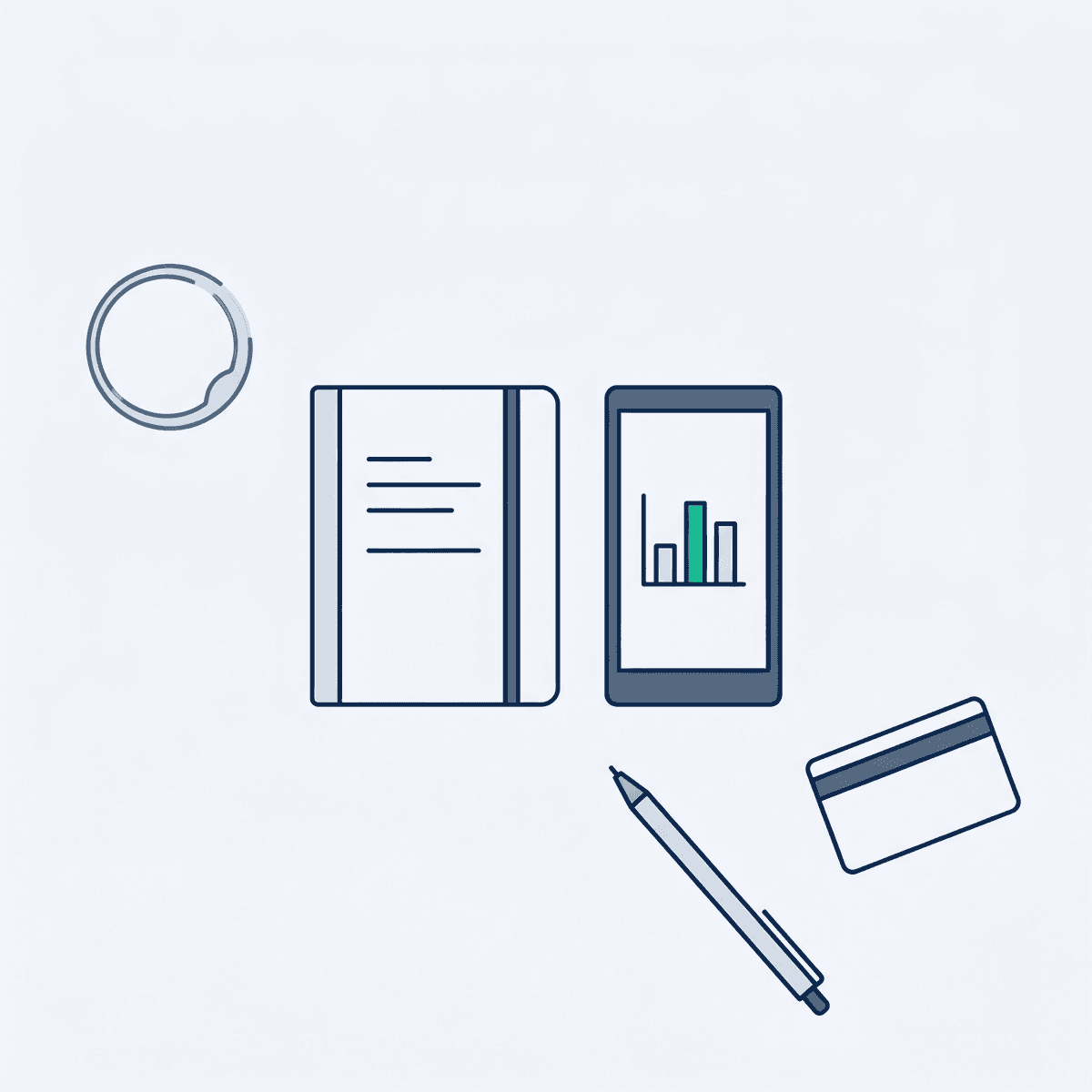 Editorial flat-lay illustration: notebook, smartphone with bar chart, pen, wallet card