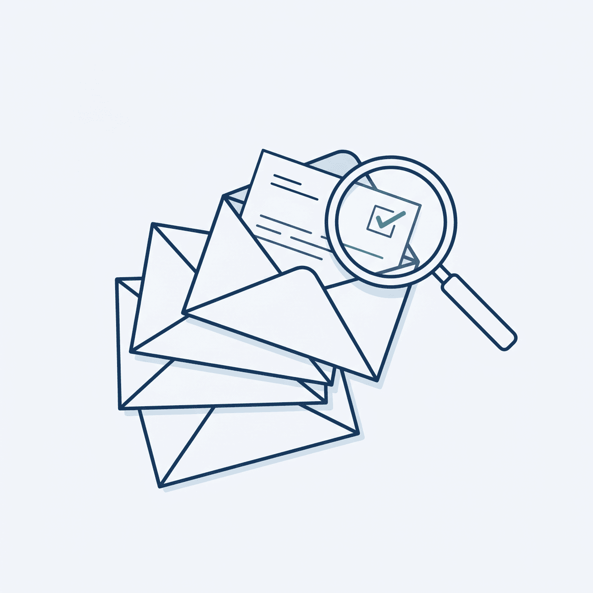 Editorial flat-lay illustration: stack of envelopes with one opened letter and a magnifying glass